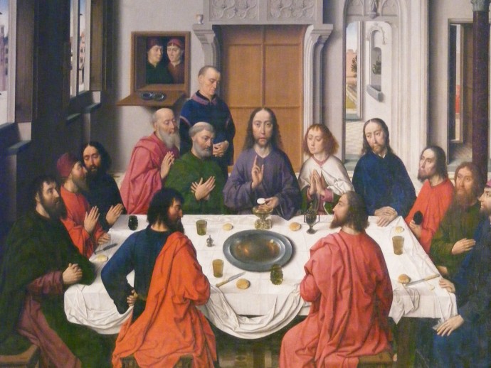Middenpaneel van  'Het Laatste Avondmaal' van Dirk Bouts (1464 - 1468). Het schilderij bevindt zich achteraan de koorgalerij van de Sint-Pieterskerk te Leuven.